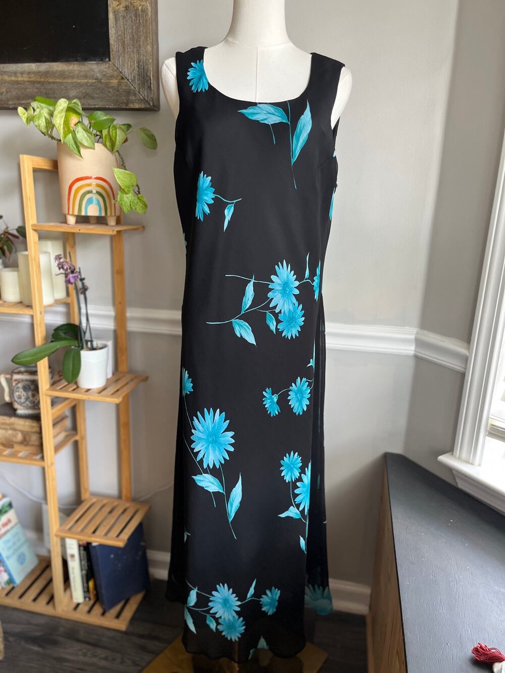 Vintage 90s Black Blue Floral Maxi Dress Sleeveless Size XL